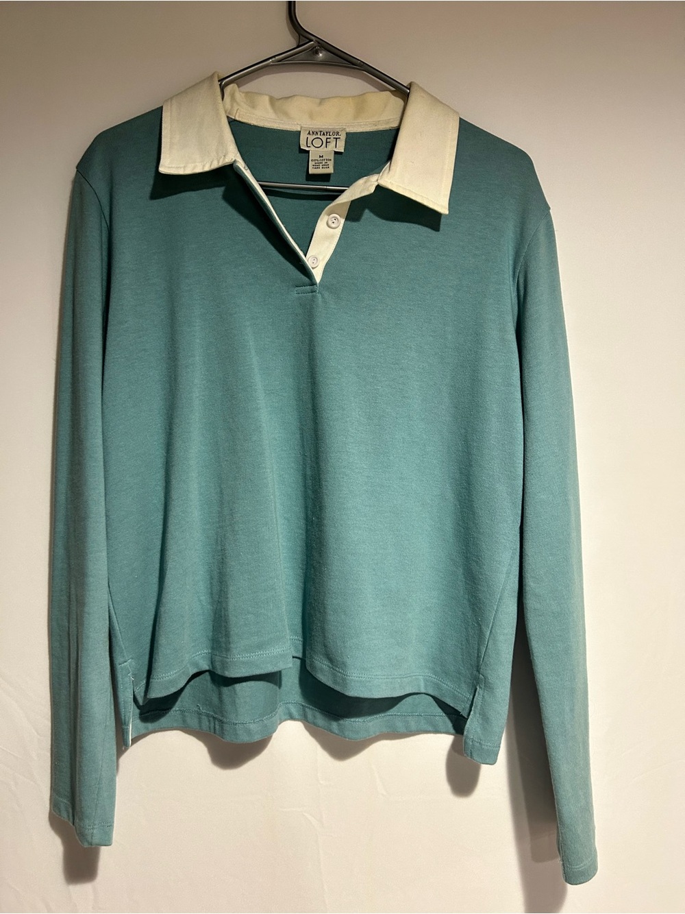 LOFT Teal Long-Sleeve Scoop Polo Sweater with Cream Collar